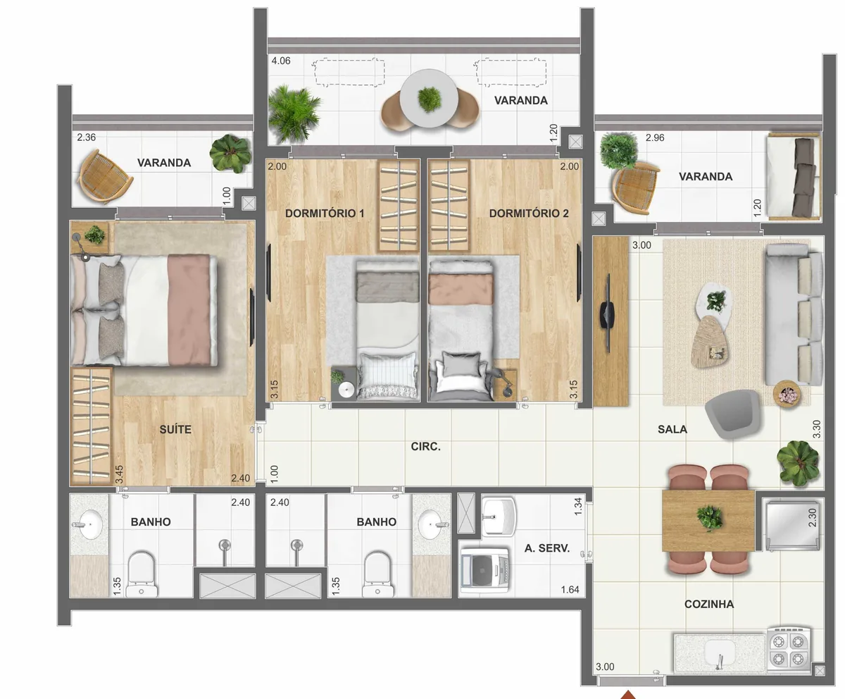 Planta de 3 quartos (suíte + 2 dormitórios) do Residencial Erê (apartamento tipo 08)
