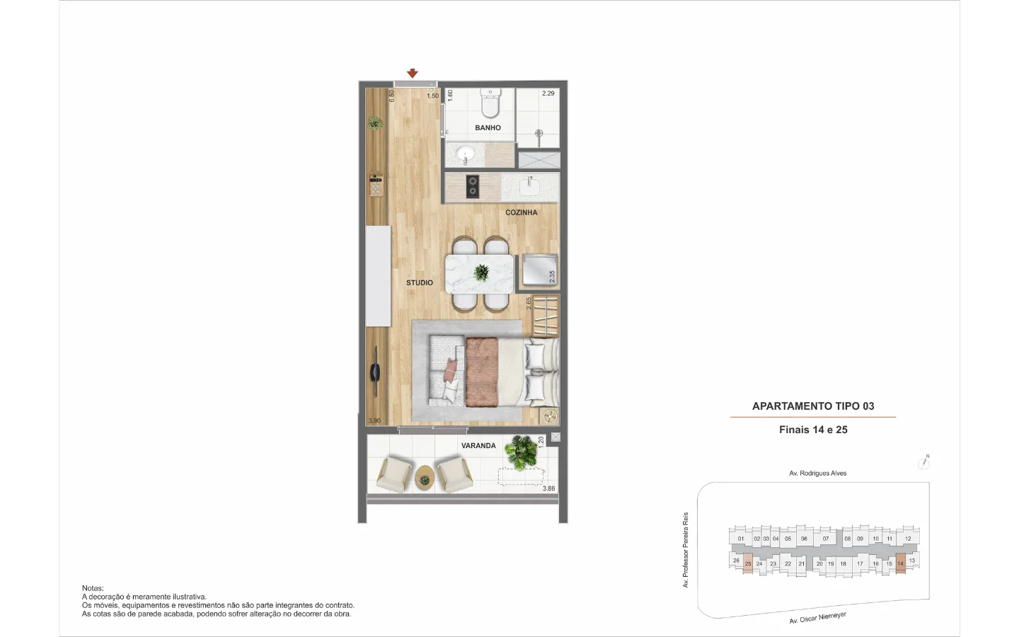 Planta do Studio do Residencial Erê (apartamento tipo 03)